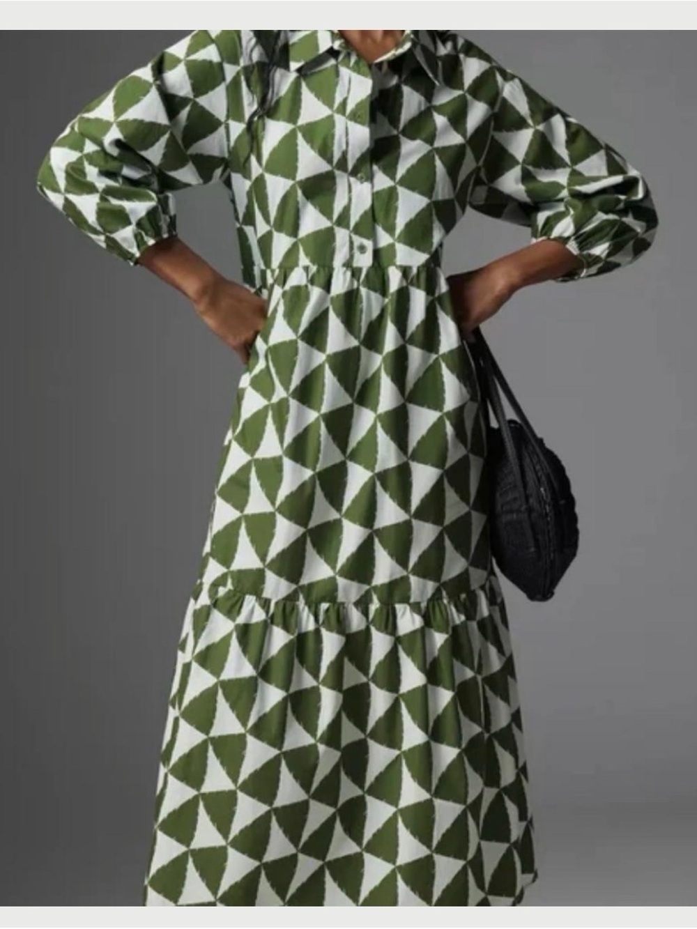 Anthropologie Maeve Bettina Tiered Shirt Dress Size Large Petite Geometric Green - Picture 2 of 6